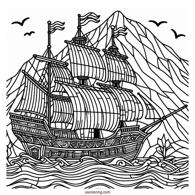 Detailed Pirate Ship Coloring Page Stained Glass