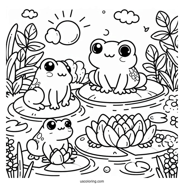 Frogs Sitting On Lily Pads In A Pond Coloring Sheet