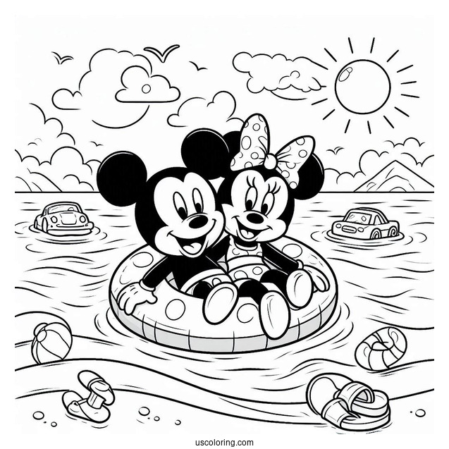 Swimming Coloring Page Of Mickey Mouse And Minnie Mouse On An Inflatable At The Beach