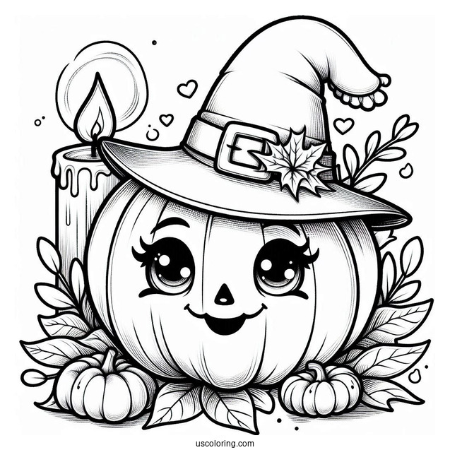 Pumpkin Coloring Page Of Detailed Jack O Lantern Wearing Witch Hat And Leaves