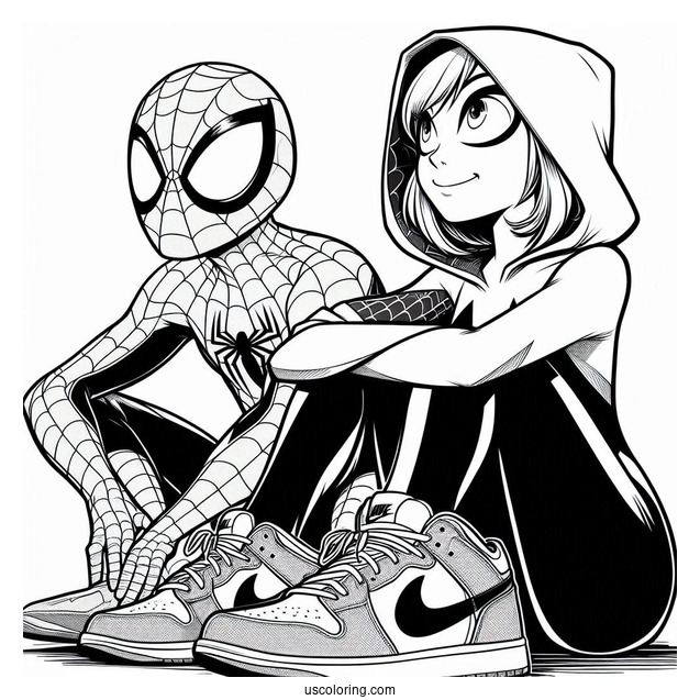 Miles Morales And Spider-Gwen Coloring Page Wearing Nikes