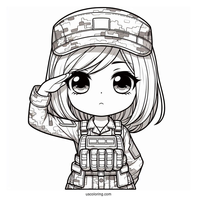 Chibi Female Soldier Coloring Page Saluting In Camouflage Uniform