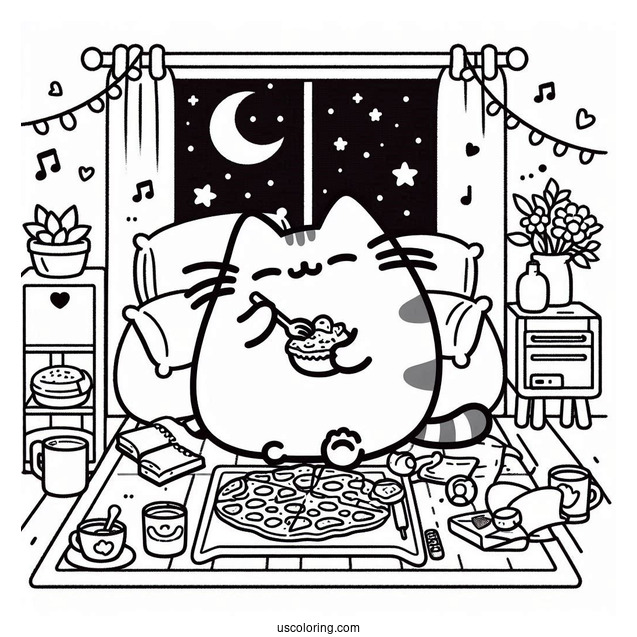 Pusheen Eating And Listening To Music In Bedroom