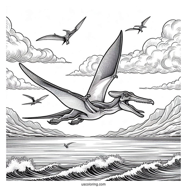 Realistic Pterodactyl Coloring Page Flying Over The Sea