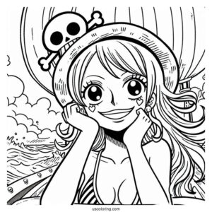 One Piece Coloring Page Of Smiling Nami On Pirate Ship