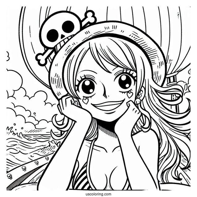 One Piece Coloring Page Of Smiling Nami On Pirate Ship