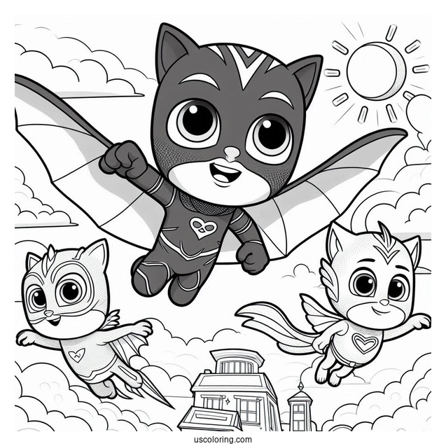 PJ Masks Coloring Page Of Catboy, Gekko, And Oweltte Flying In The Sky