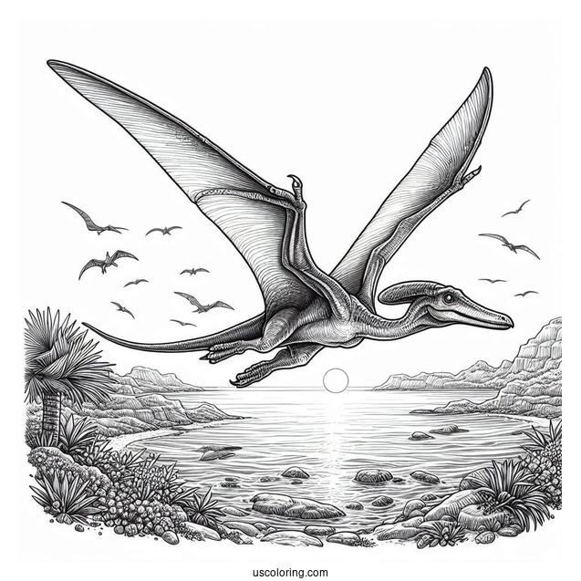 Realistic Pterodactyl Coloring Page Flying Over The Sea