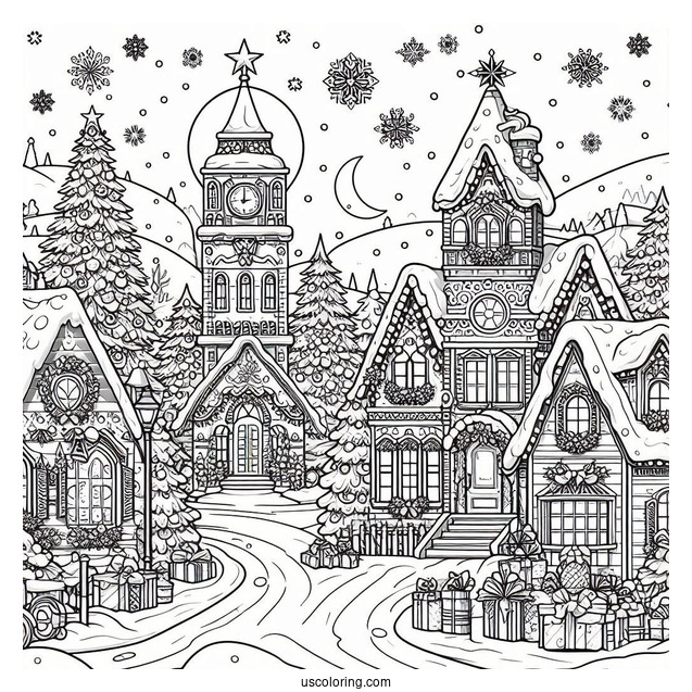 Christmas Coloring Pages For Adults Of Detailed Landscape Of Houses In Christmas Winter Wonderland