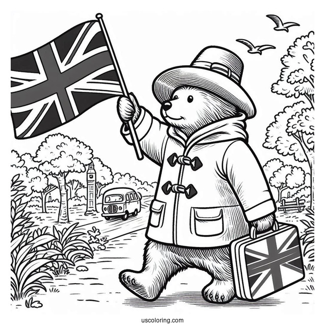 Simple Paddington Coloring Page Waving The British Flag While Walking