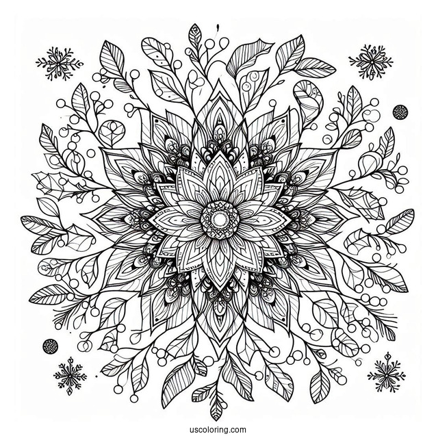 Flower Christmas Mandala Coloring Page Surrounded By Mistletoes