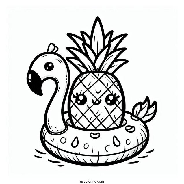 Cartoon Pineapple In A Flamingo Floatie Summer Coloring Page For Kids