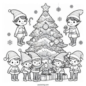 Christmas Tree With Elves Coloring Page
