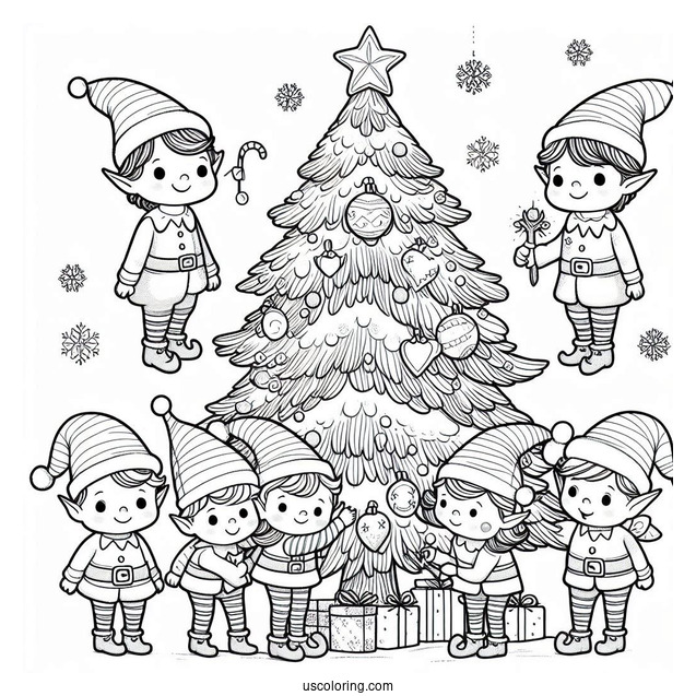 Christmas Tree With Elves Coloring Page
