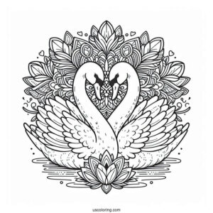 Twin Swan Coloring Page In Front Of Flower Mandala