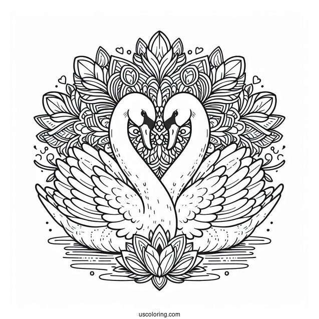 Twin Swan Coloring Page In Front Of Flower Mandala