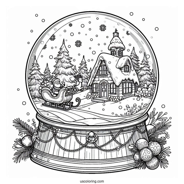 Snow Globe Coloring Page With Winter Cottage And Santa On A Sleigh