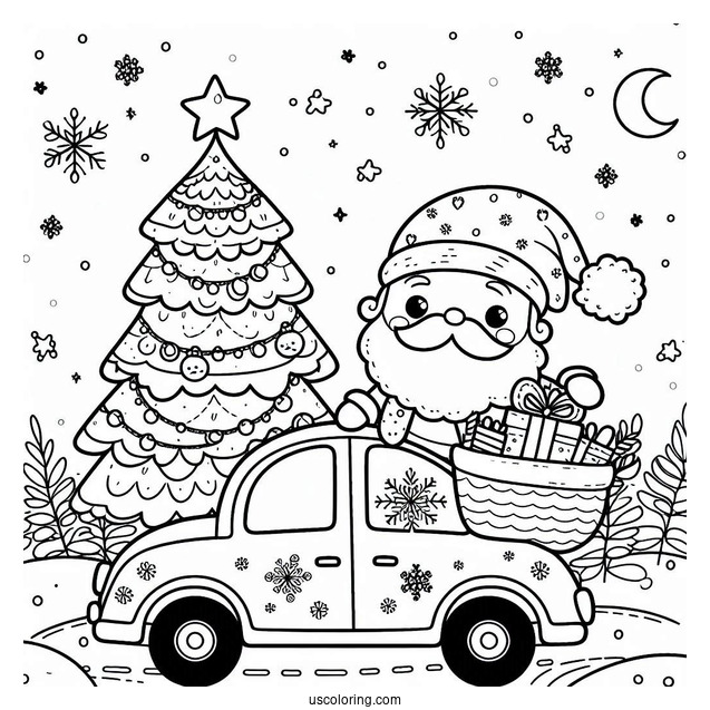 Santa With Christmas Tree On Car