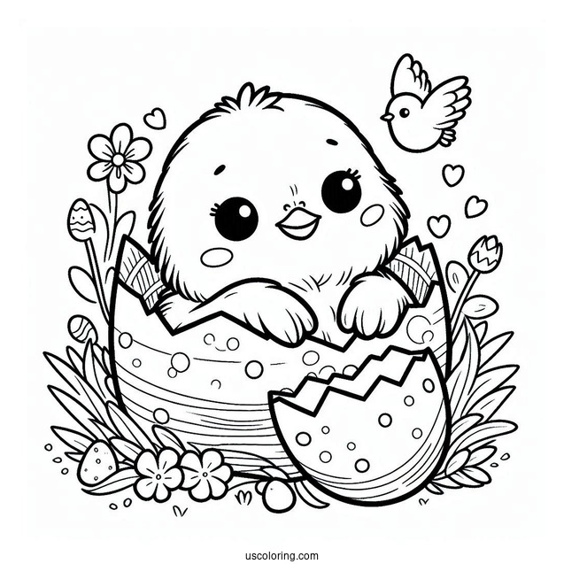 Easter Coloring Page Of Cute Chick Hatching From Easter Egg For Preschoolers