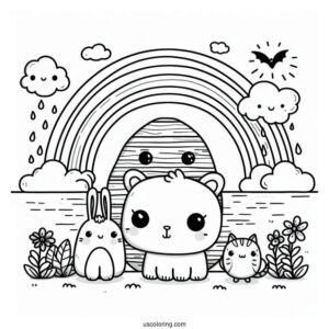 Kawaii Animals On Noah's Ark Coloring Page With Rainbow