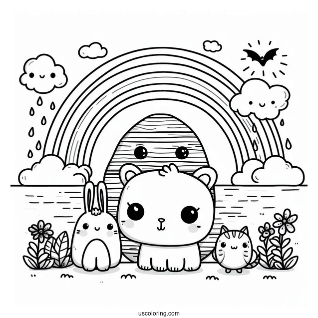Kawaii Animals On Noah's Ark Coloring Page With Rainbow