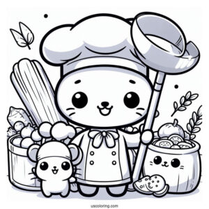 Kawaii Ratatouille Coloring Page Holding A Ladle For Preschoolers