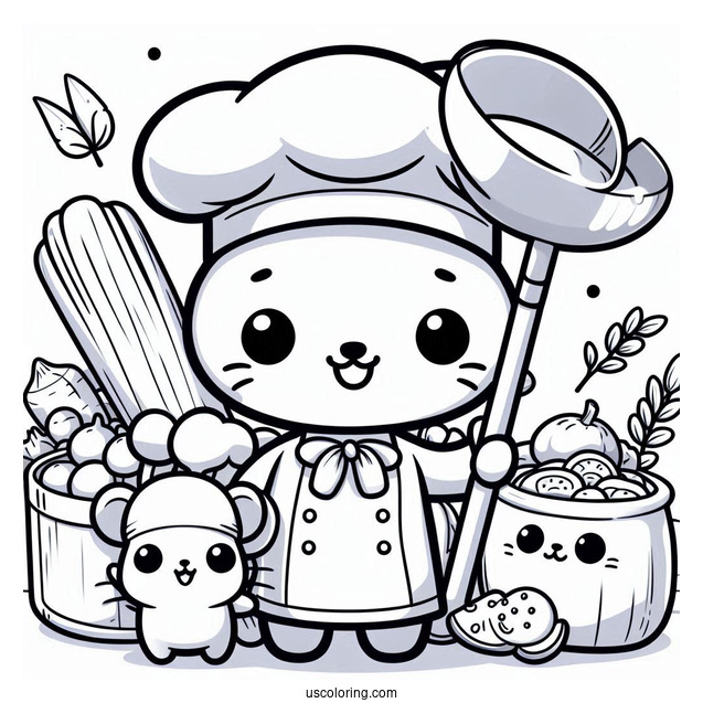 Kawaii Ratatouille Coloring Page Holding A Ladle For Preschoolers