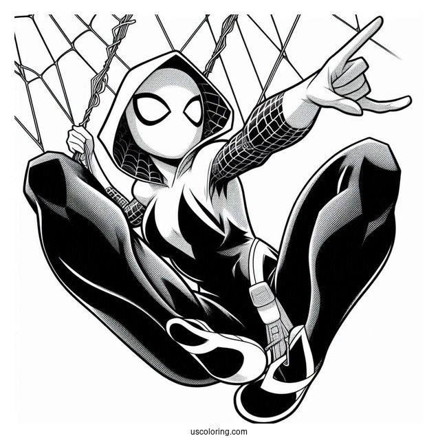Cool Spider-Gwen Coloring Page Swinging From A Web