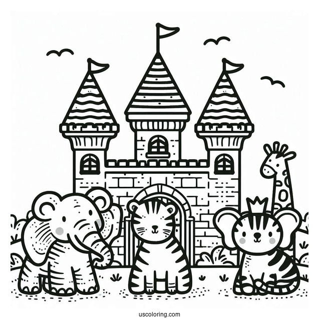 Cute Tiger, Elephant, And Zebra Outside A Castle Coloring Page For Kids