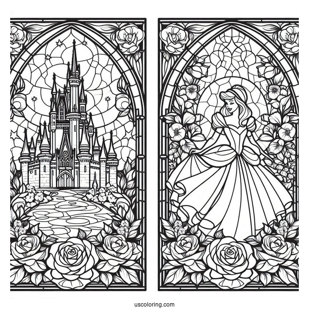 Detailed Cinderella Stained Glass With Castle And Roses