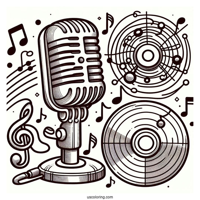 Music Coloring Page Of Retro Microphone, CD, And Musical Note For Preschoolers
