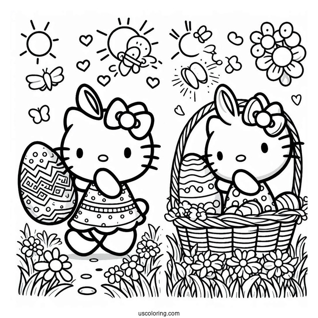 Easter Coloring Page Of Easy Hello Kitty Walking With Basket Of Easter Eggs