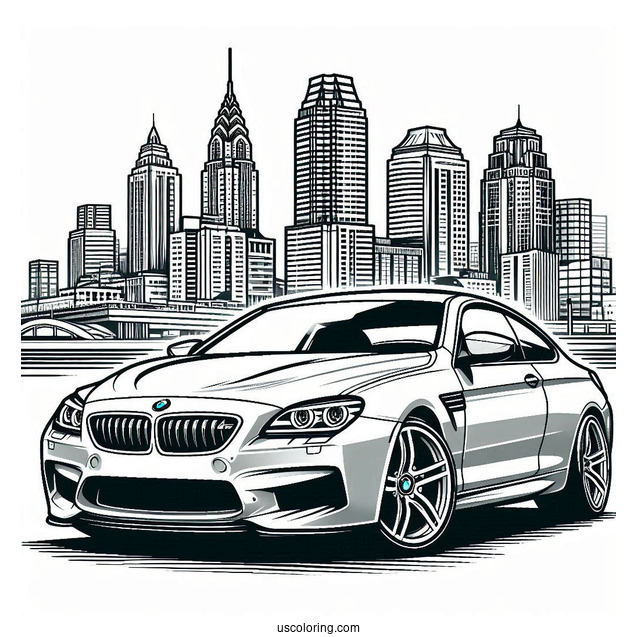 M6 BMW Coloring Page In Front Of Buildings