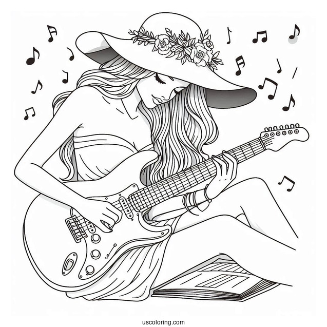 Music Coloring Page Of Woman In Hat Playing Electric Guitar