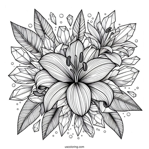 Tropical Lily Flower Mandala Coloring Page With Crystals
