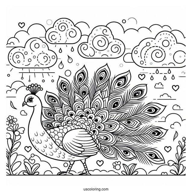 Peacock Coloring Page and Bird Under Cloudy Sky For Kids