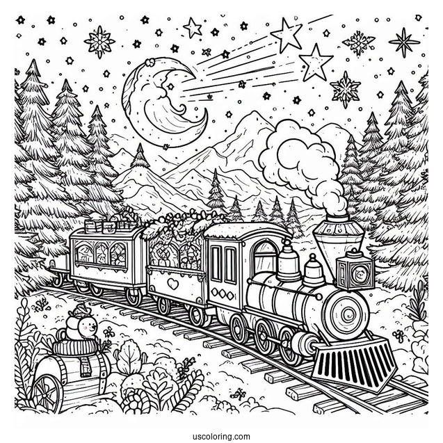 Detailed North Pole Coloring Page Train