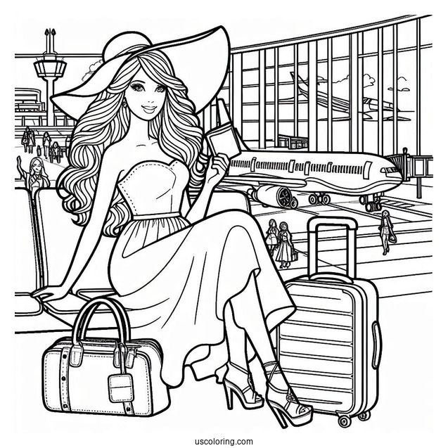 Travelling Barbie At Airport To Color