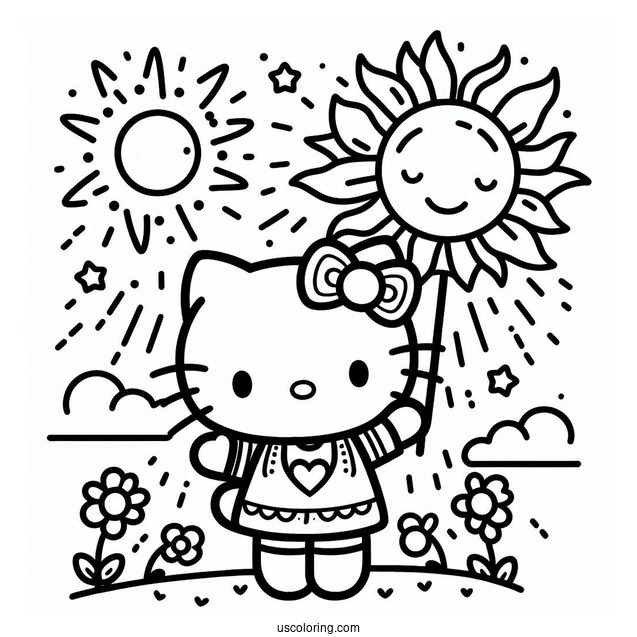 Simple Sun Shining Down On Hello Kitty Coloring Page For Kids