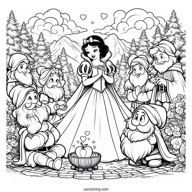 Detailed Snow White Coloring Pages Surrounded By The Dwarves, Prince Charming, And The Evil Queen
