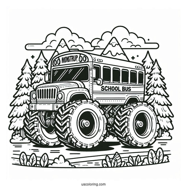 Monster Truck School Bus Coloring Page In The Air