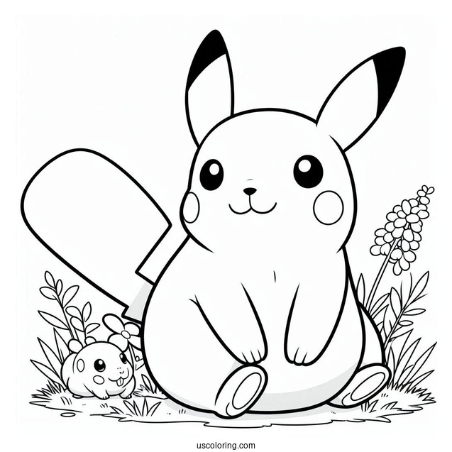 Pikachu Sitting On The Grass With A Capybara Coloring Page For Kids