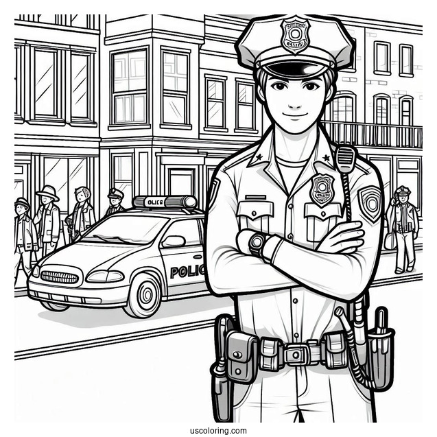 Police Officer In Front Of Police Station To Color