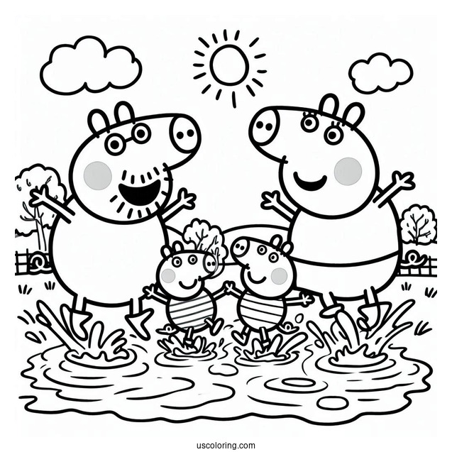 Peppa Pig Family Jumping In Mud Coloring Page