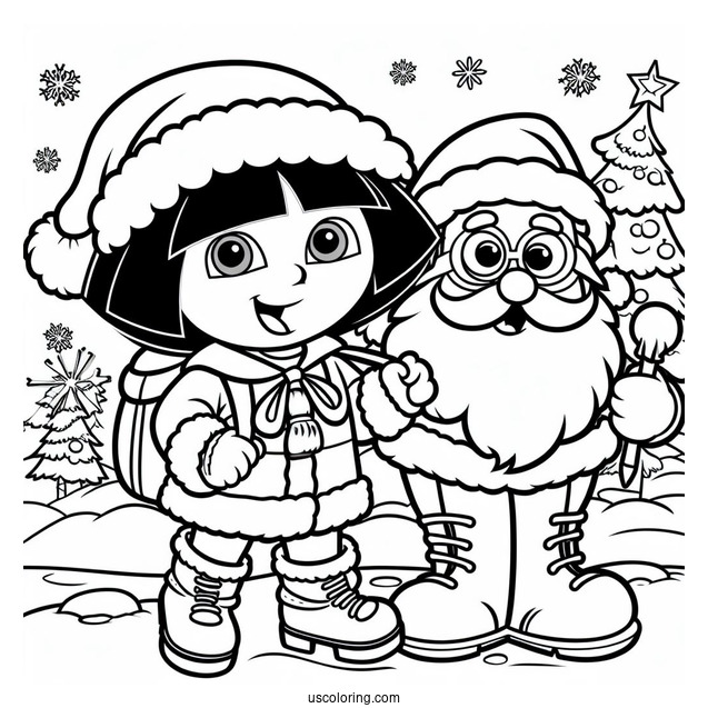 Dora With Boots And Santa Coloring Sheet