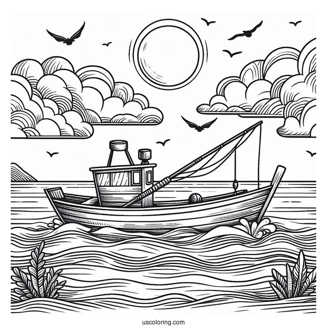 Large Fishing Coloring Page Boat In The Middle Of The Sea