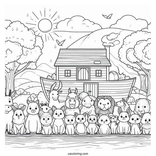 Animals Lining Up To Go To Noah's Ark Coloring Page