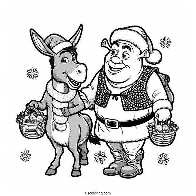 Christmas Themed Shrek And Donkey Coloring Page