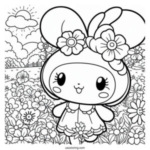 My Melody Coloring Page In Flower Field With Kuromi