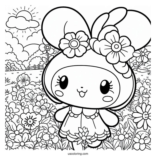 My Melody Coloring Page In Flower Field With Kuromi